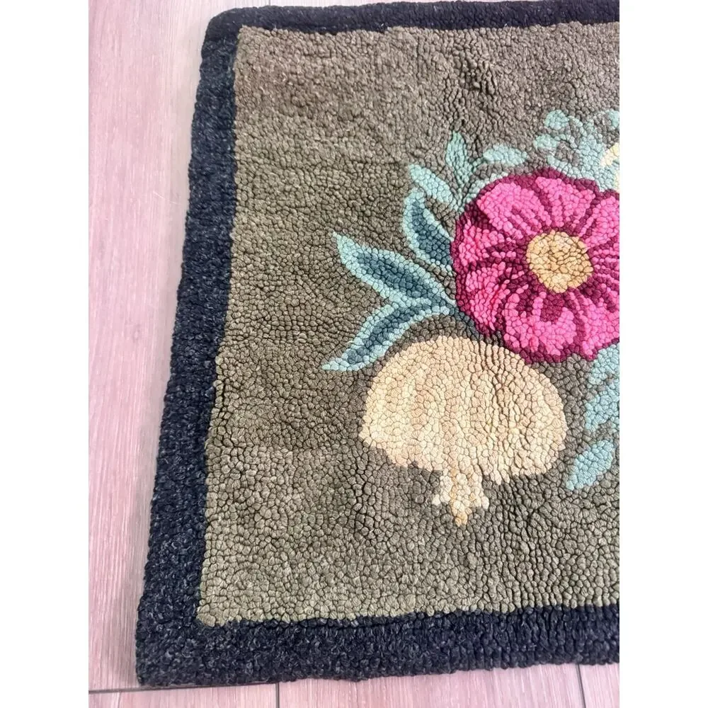 Vintage Hand Hooked Rug Floral Basket Primitive Cottagecore 21x34 Wool Accent